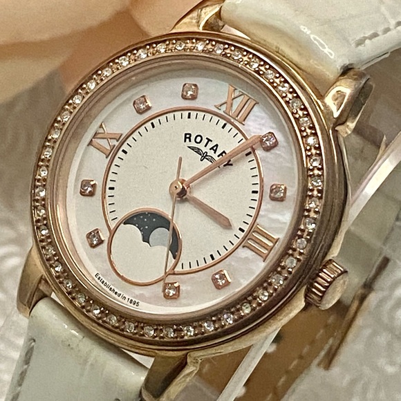 Gorgeous Rotary Mother of Pearl Dial Crystal Bezel Moon Phase Watch LS00164/41 - Picture 3 of 15